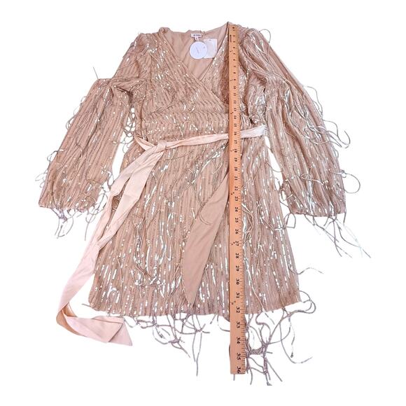 NEW En Creme Mini Robe WRAP DRESS & BELT Silver Sequin Fringe Women's MED Nude - Picture 10 of 13